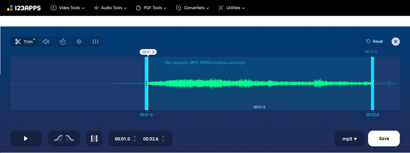 OnlineMP3Cutter Interfaz Recortar archivo MP3