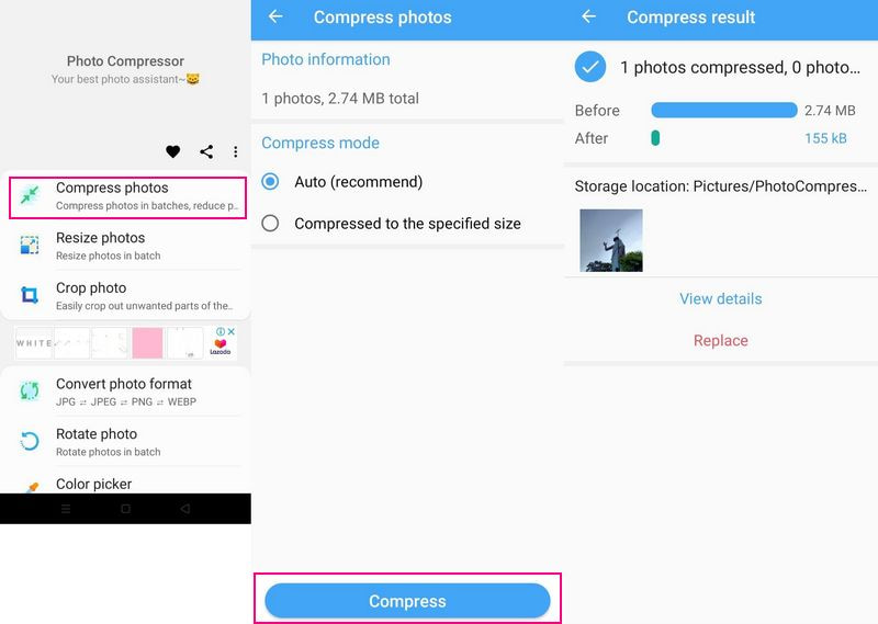 Photo Compressor en Resizer Comprimeer afbeeldingen offline op Android