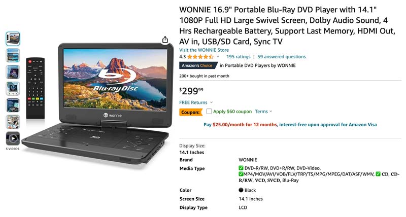 Leitor de DVD BluRay portátil WONNIE 16.9